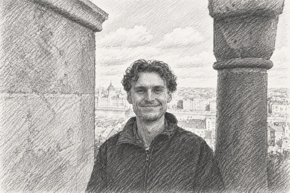 Pencil sketch of Noah Short, with Budapest behind him